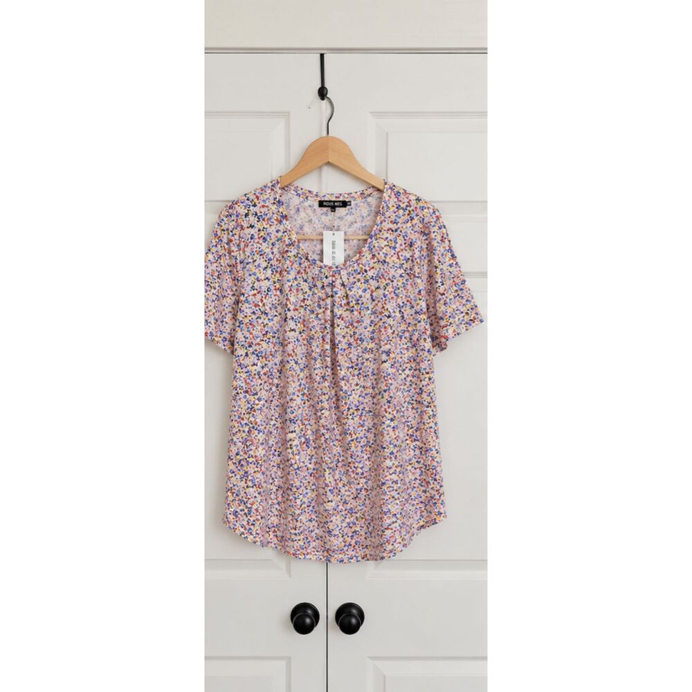 DOLNINE  Floral Blouse Short Sleeve Split Neck Top